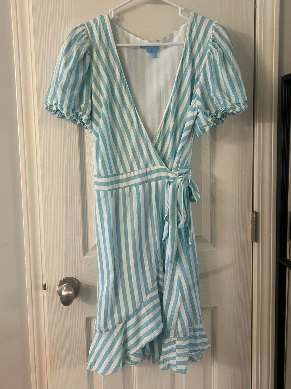 Draper James Aqua and White Striped Wrap Mini Dress